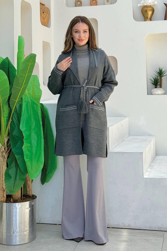 Örme Bel Kuşaklı Cep Detaylı Triko Hırka 12038 Füme - 3