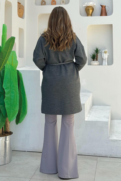 Örme Bel Kuşaklı Cep Detaylı Triko Hırka 12038 Füme - 4