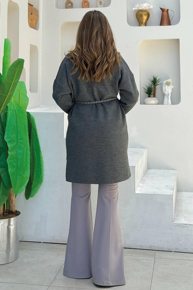 Örme Bel Kuşaklı Cep Detaylı Triko Hırka 12038 Füme - 4