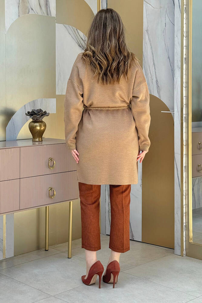Örme Bel Kuşaklı Cep Detaylı Triko Hırka 12038 Vizon - 4