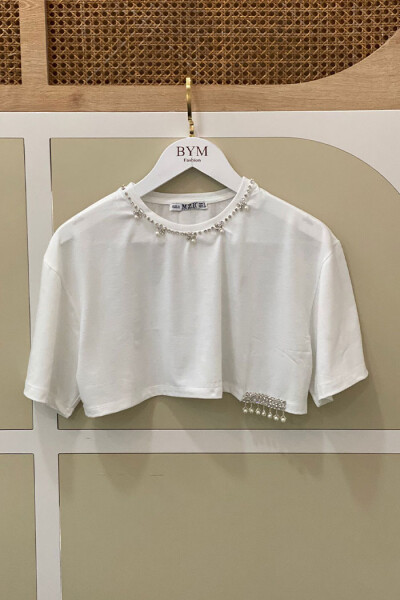 20724 Taşlı crop Tshirt Beyaz 