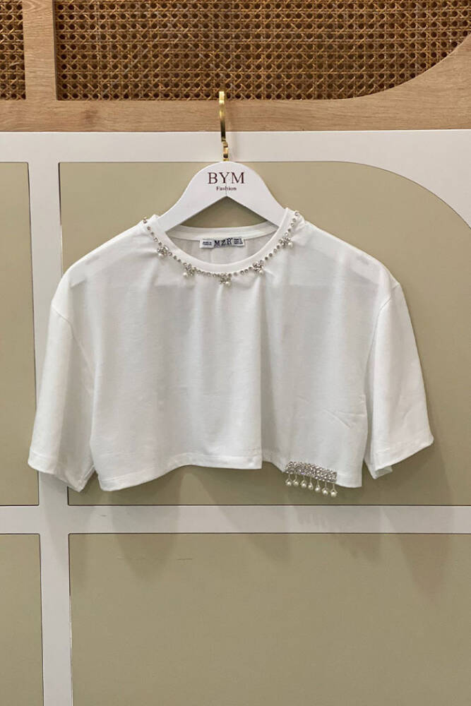 20724 Taşlı crop Tshirt Beyaz - 1