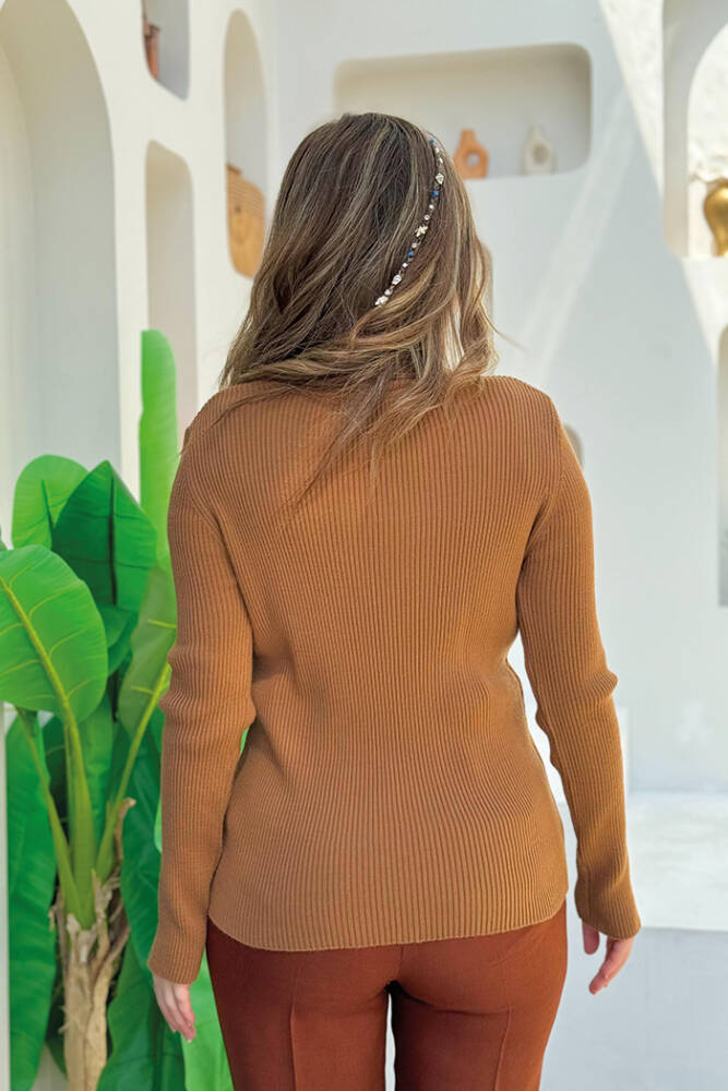 Balıkçı Yaka Düz Model Triko Kazak 4138 Taba - 4