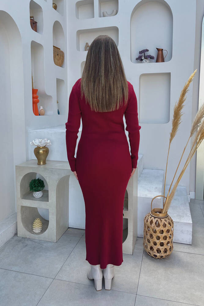 Balıkçı Yaka Fitilli Triko Elbise 4100 Bordo - 3