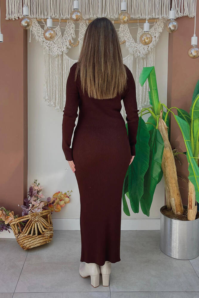 Balıkçı Yaka Fitilli Triko Elbise 4100 Kahverengi - 3