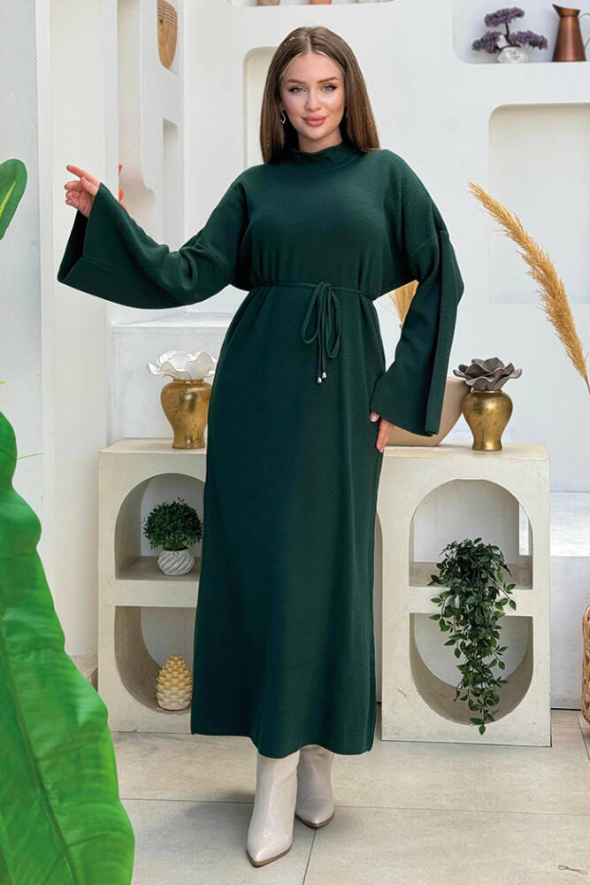 Bel Bağcıklı Düz Triko Elbise 23322 Zümrüt - 1
