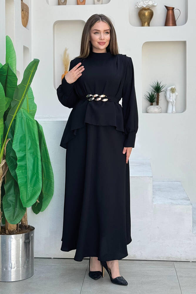 Bel Kemer Detaylı Bluz ve Mevlana Etek Takım 8390 Siyah - 2