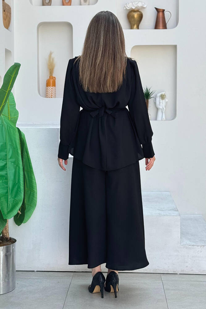 Bel Kemer Detaylı Bluz ve Mevlana Etek Takım 8390 Siyah - 3