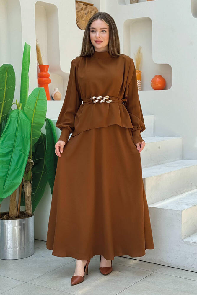 Bel Kemer Detaylı Bluz ve Mevlana Etek Takım 8390 Taba - 1