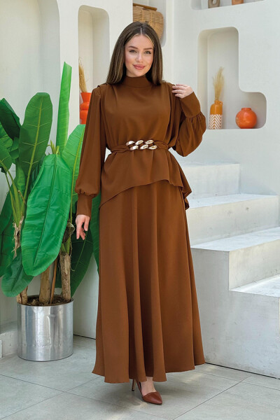 Bel Kemer Detaylı Bluz ve Mevlana Etek Takım 8390 Taba - 2