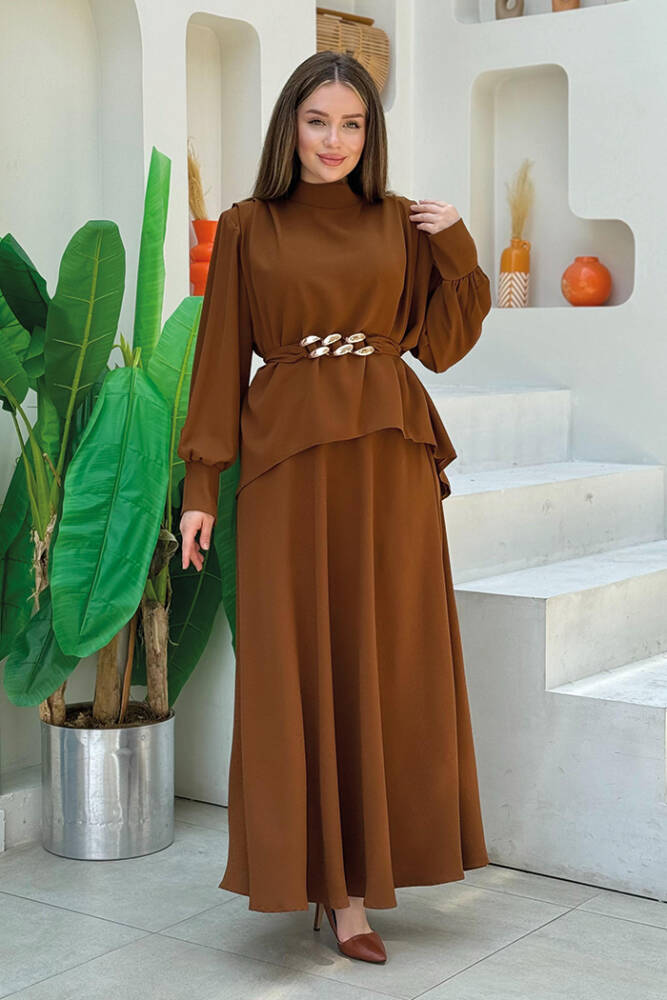 Bel Kemer Detaylı Bluz ve Mevlana Etek Takım 8390 Taba - 2