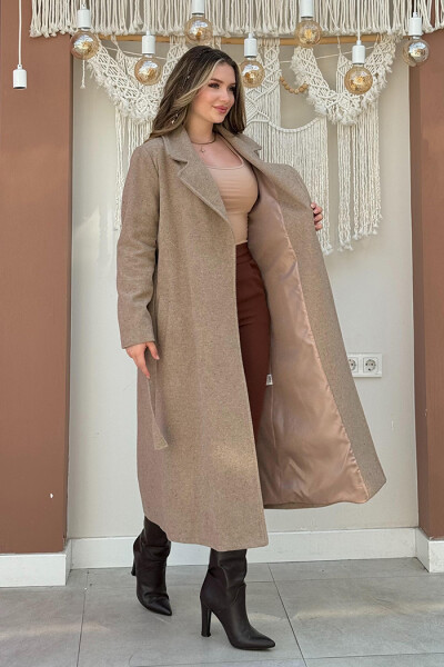 Bel Kuşaklı Astarlı Kaşe Kaban 7519 Vizon - 2