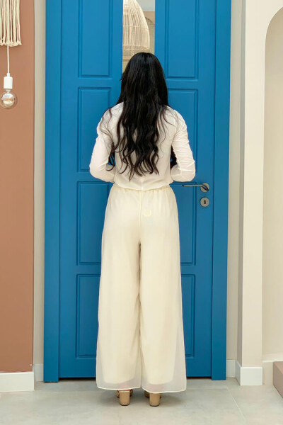 Bel Lastikli Astarlı Şifon Pantolon 0267 Ekru - 2