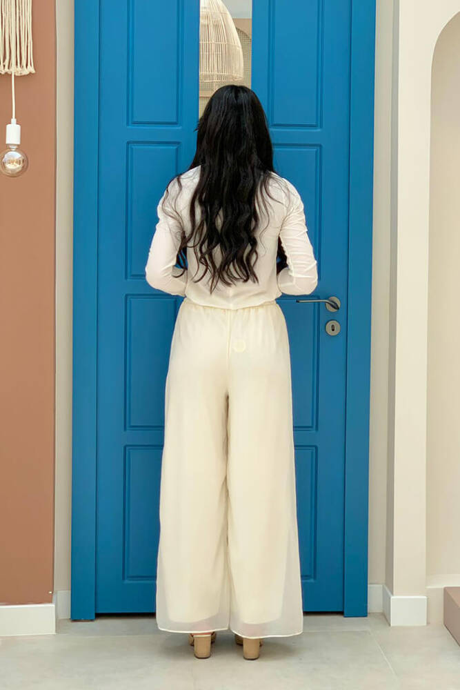 Bel Lastikli Astarlı Şifon Pantolon 0267 Ekru - 2