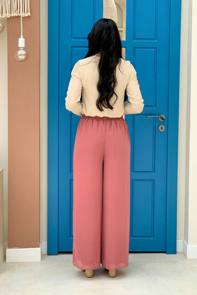 Bel Lastikli Astarlı Şifon Pantolon 0267 Gül Kurusu - 2