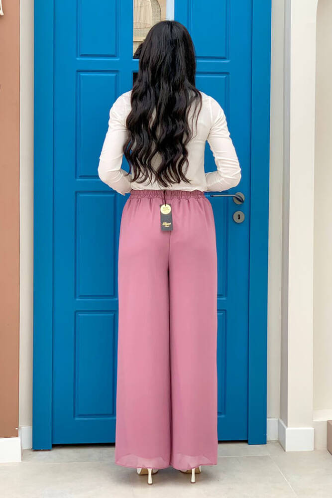 Bel Lastikli Astarlı Şifon Pantolon 0267 Pudra - 2