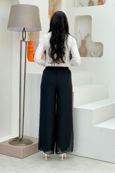 Bel Lastikli Astarlı Şifon Pantolon 0267 Siyah - 2