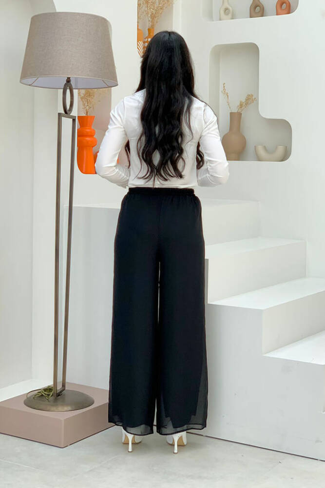 Bel Lastikli Astarlı Şifon Pantolon 0267 Siyah - 2