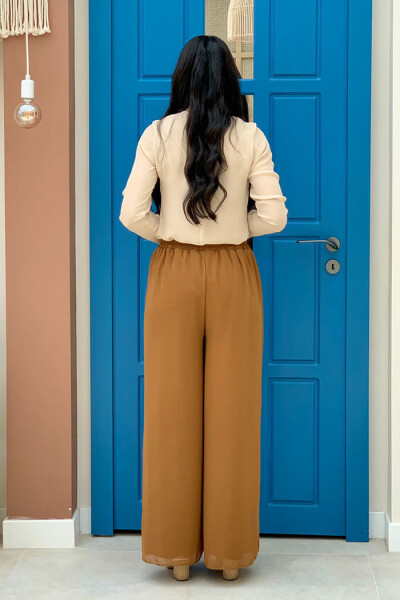 Bel Lastikli Astarlı Şifon Pantolon 0267 Taba - 2