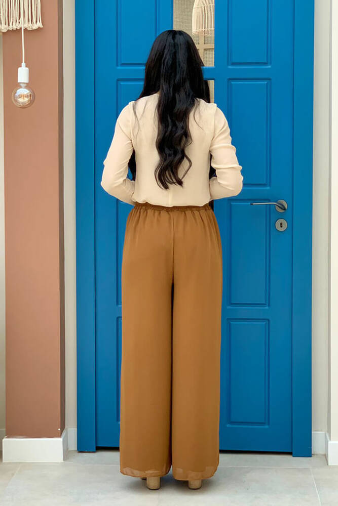 Bel Lastikli Astarlı Şifon Pantolon 0267 Taba - 2