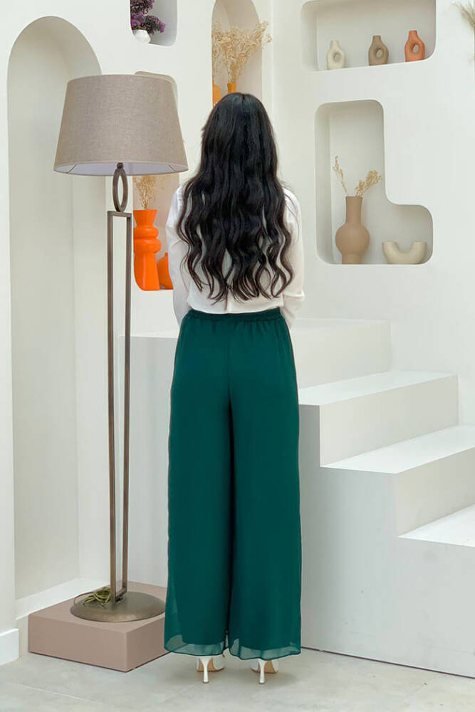 Bel Lastikli Astarlı Şifon Pantolon 0267 Zümrüt - 2
