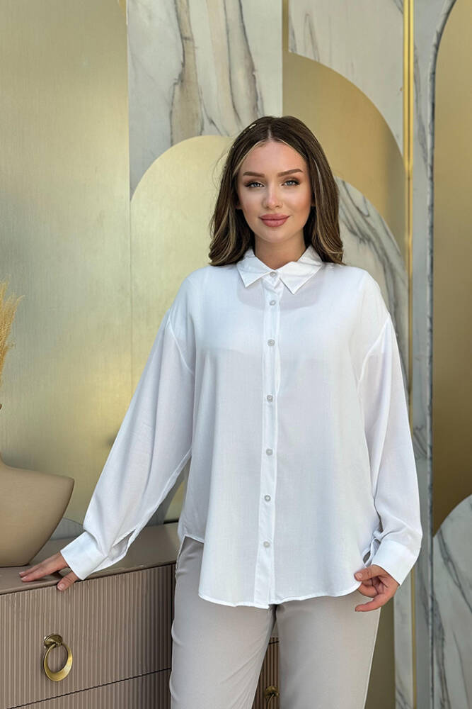 Boyfriend Yaka Detay Boydan Düğmeli Gömlek 2686 Ekru - 1