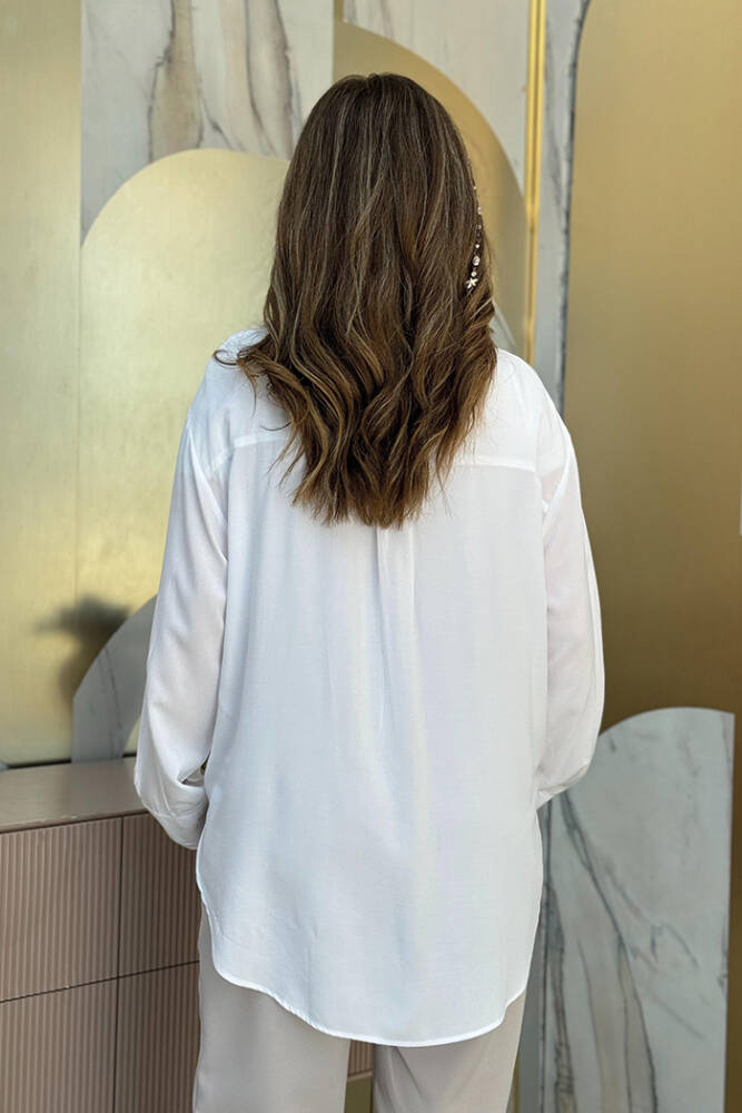 Boyfriend Yaka Detay Boydan Düğmeli Gömlek 2686 Ekru - 4