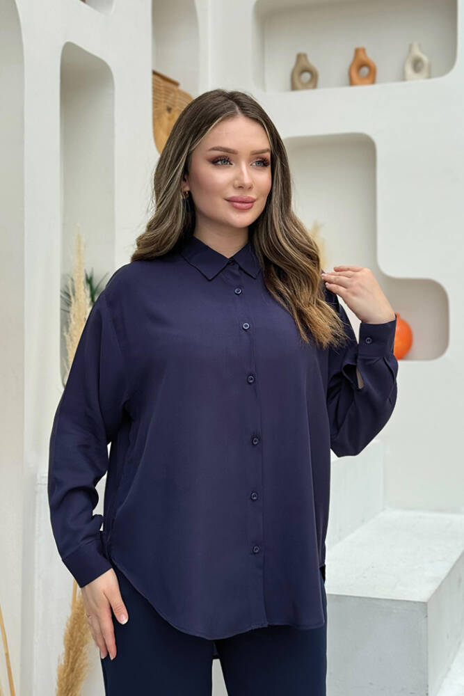 Boyfriend Yaka Detay Boydan Düğmeli Gömlek 2686 Lacivert - 1
