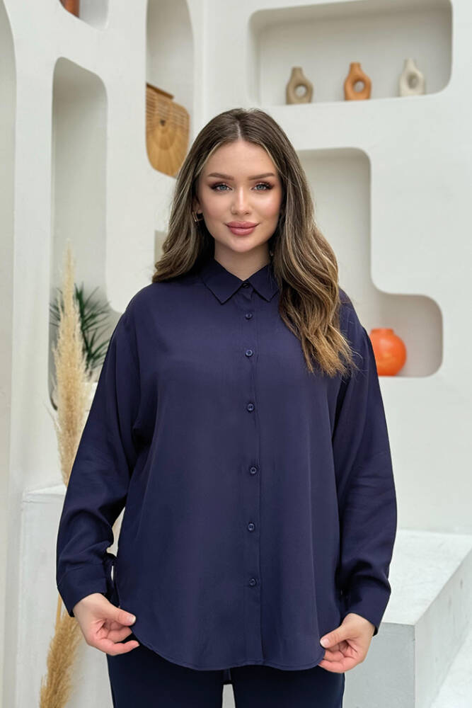 Boyfriend Yaka Detay Boydan Düğmeli Gömlek 2686 Lacivert - 2