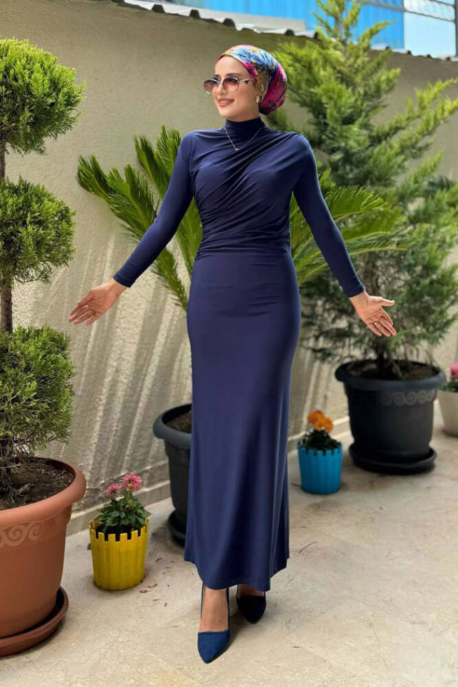 Büzgü Detaylı Sandy Elbise 3970 Lacivert - 1