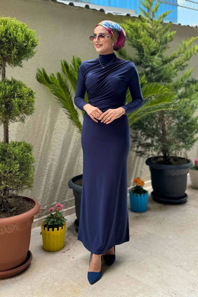 Büzgü Detaylı Sandy Elbise 3970 Lacivert - 3