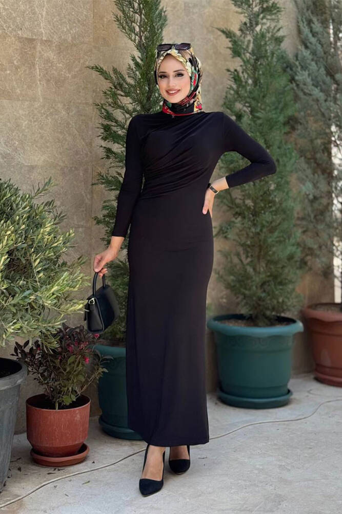 Büzgü Detaylı Sandy Elbise 3970 Siyah - 1