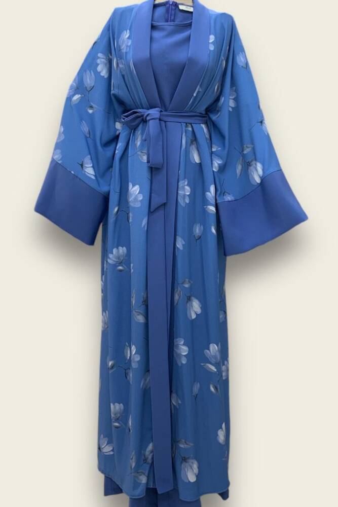 Desenli Abaya Düz Cep Detay Kuşaklı Sıfır Kol Tulum Takım 8312 İndigo - 1