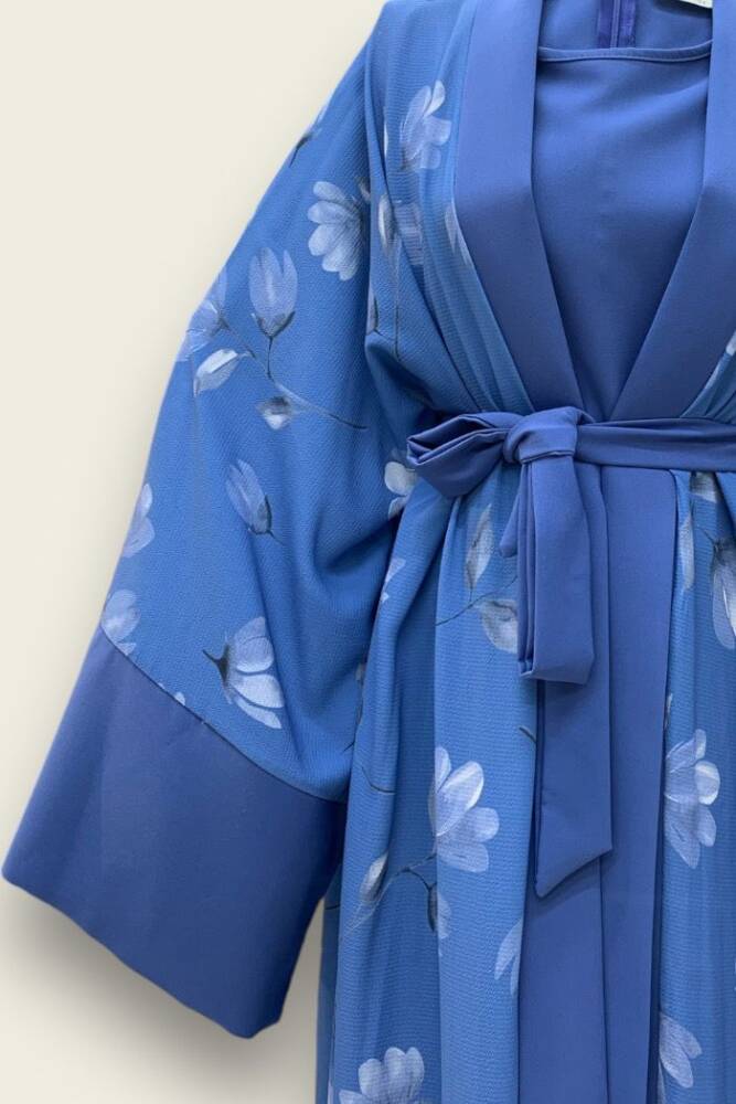 Desenli Abaya Düz Cep Detay Kuşaklı Sıfır Kol Tulum Takım 8312 İndigo - 2