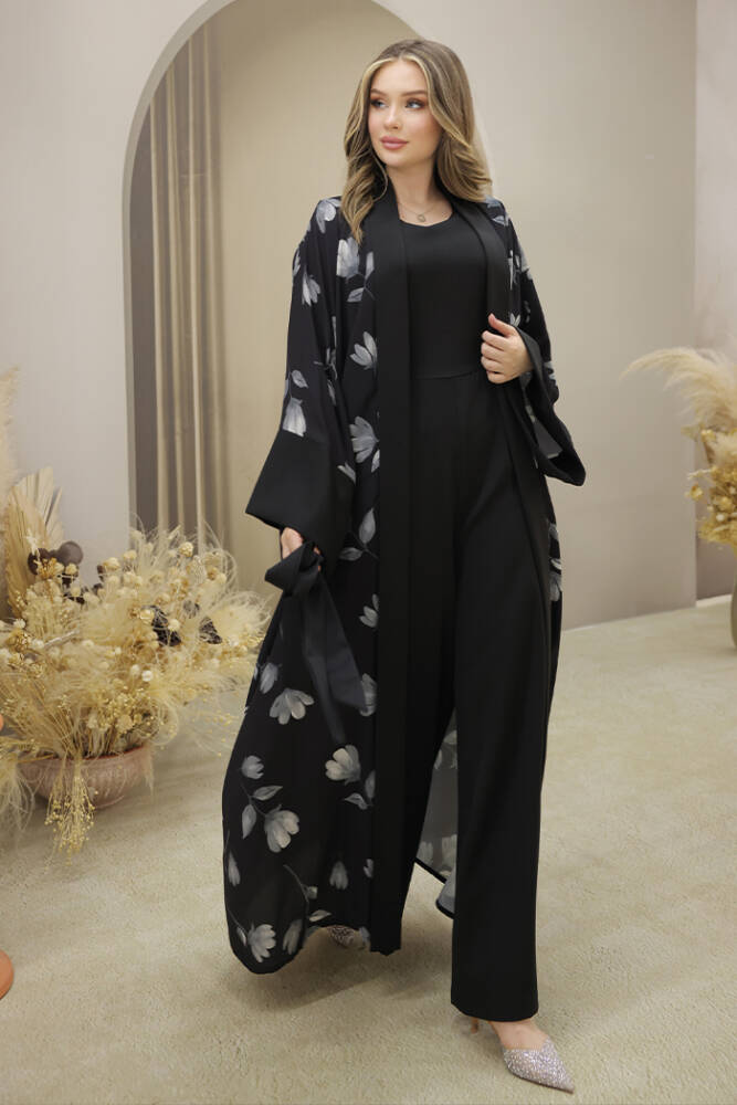 Desenli Abaya Düz Cep Detay Kuşaklı Sıfır Kol Tulum Takım 8312 Siyah - 1
