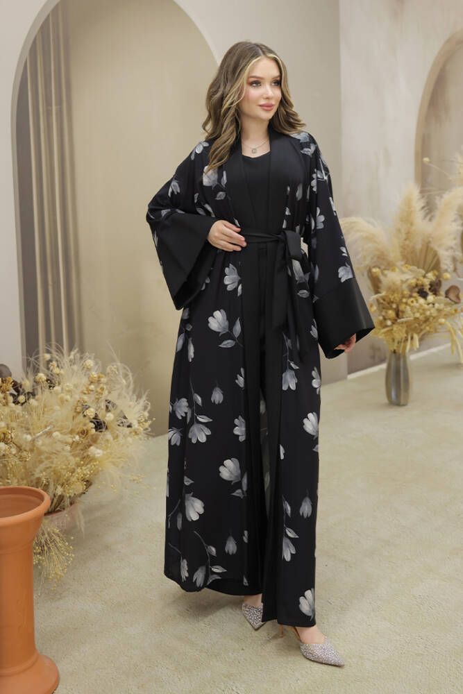 Desenli Abaya Düz Cep Detay Kuşaklı Sıfır Kol Tulum Takım 8312 Siyah - 2