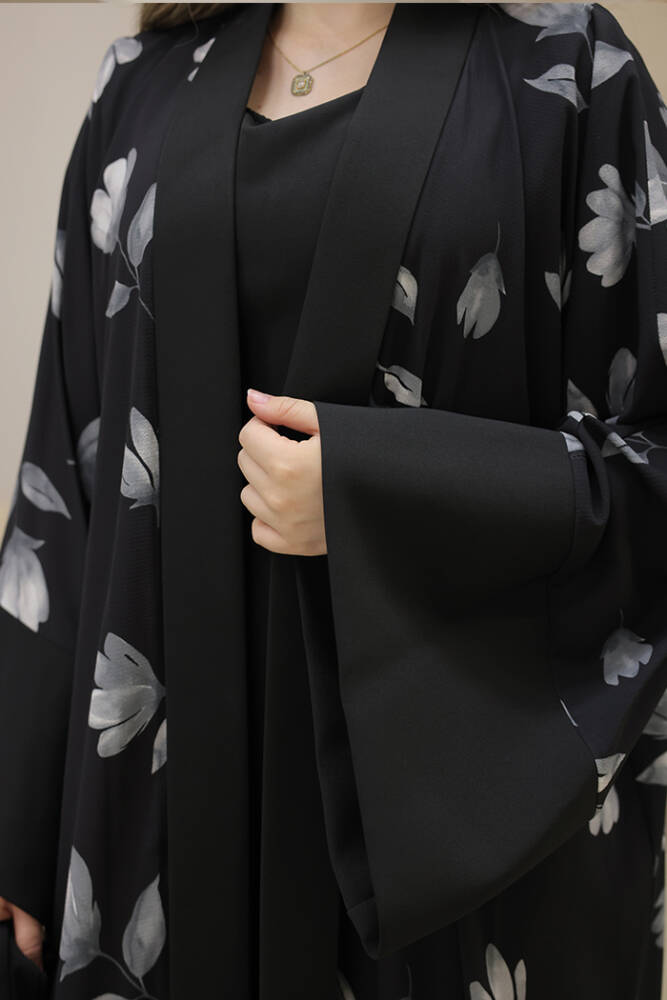 Desenli Abaya Düz Cep Detay Kuşaklı Sıfır Kol Tulum Takım 8312 Siyah - 6