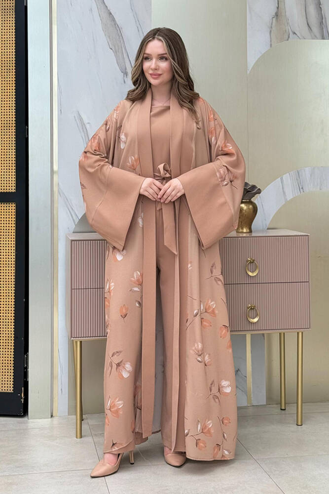 Desenli Abaya Düz Cep Detay Kuşaklı Sıfır Kol Tulum Takım 8312 Taba - 1