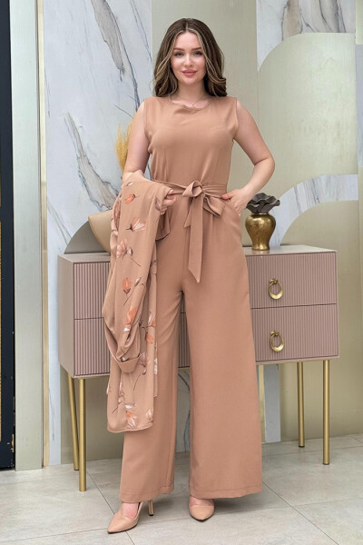 Desenli Abaya Düz Cep Detay Kuşaklı Sıfır Kol Tulum Takım 8312 Taba - 2