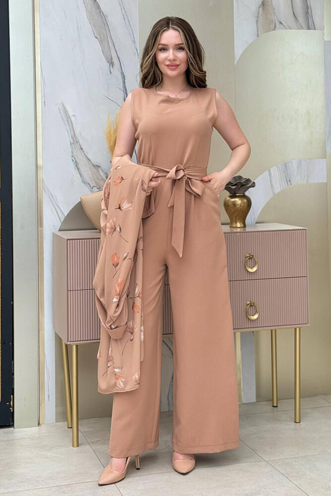 Desenli Abaya Düz Cep Detay Kuşaklı Sıfır Kol Tulum Takım 8312 Taba - 2