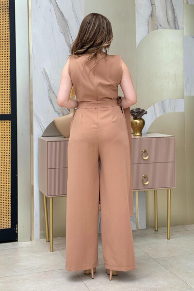Desenli Abaya Düz Cep Detay Kuşaklı Sıfır Kol Tulum Takım 8312 Taba - 3