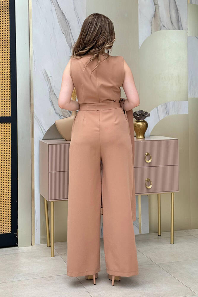 Desenli Abaya Düz Cep Detay Kuşaklı Sıfır Kol Tulum Takım 8312 Taba - 3