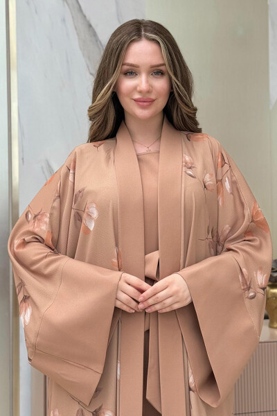 Desenli Abaya Düz Cep Detay Kuşaklı Sıfır Kol Tulum Takım 8312 Taba - 4