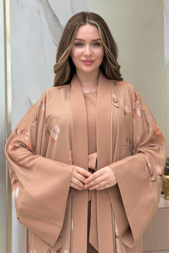 Desenli Abaya Düz Cep Detay Kuşaklı Sıfır Kol Tulum Takım 8312 Taba - 4