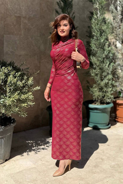 Desenli Büzgü Detaylı Elbise 3956 Bordo - 1