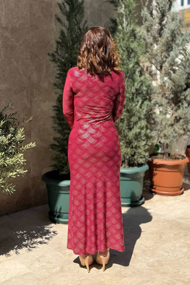 Desenli Büzgü Detaylı Elbise 3956 Bordo - 2