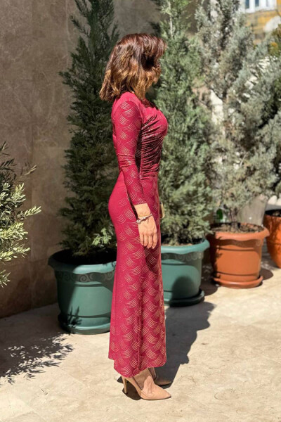 Desenli Büzgü Detaylı Elbise 3956 Bordo - 3