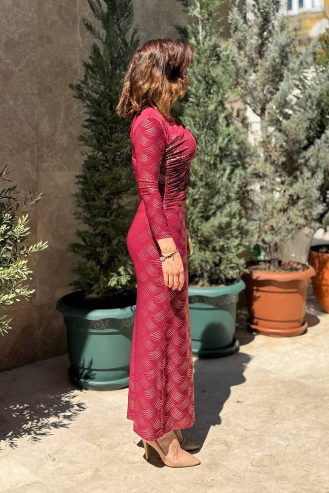 Desenli Büzgü Detaylı Elbise 3956 Bordo - 3