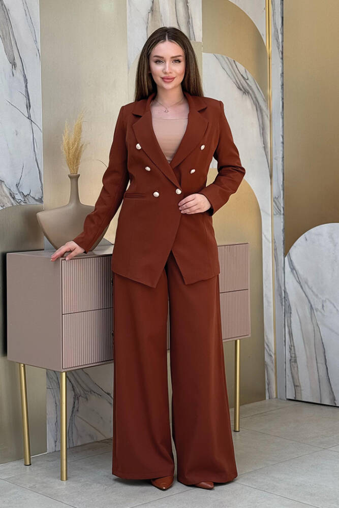Düğme Detay Blazer Ceket Bol Pantolon Takım 8302 Kahverengi - 1