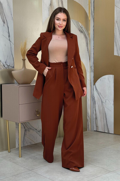 Düğme Detay Blazer Ceket Bol Pantolon Takım 8302 Kahverengi - 2